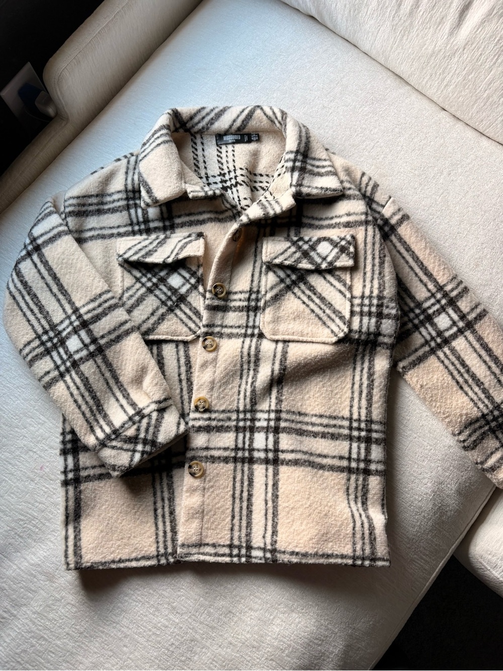 Missguided Cream and Black Plaid Pea Coat